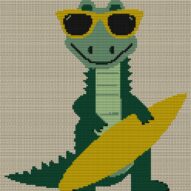 surf-now-snap-later-allig full cross stitch design mockup without frame, realistic embroidery preview