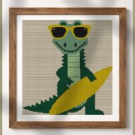 surf-now-snap-later-allig alternative framed cross stitch mockup, realistic finished embroidery presentation