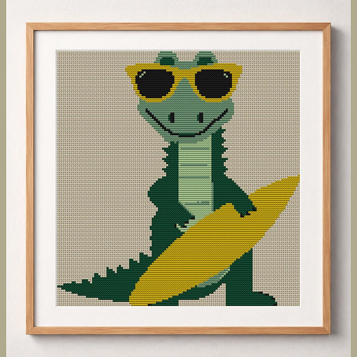 surf-now-snap-later-allig framed cross stitch mockup, realistic finished embroidery design, PDF pattern digital download