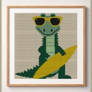surf-now-snap-later-allig framed cross stitch mockup, realistic finished embroidery design, PDF pattern digital download