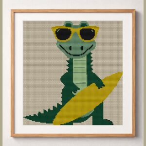 surf-now-snap-later-allig framed cross stitch mockup, realistic finished embroidery design, PDF pattern digital download