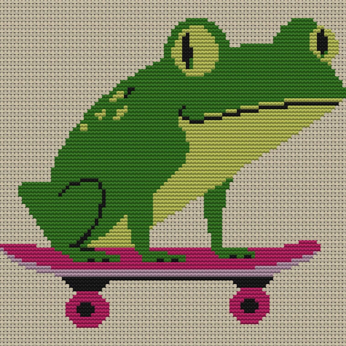 skate-or-die full cross stitch design mockup without frame, realistic embroidery preview