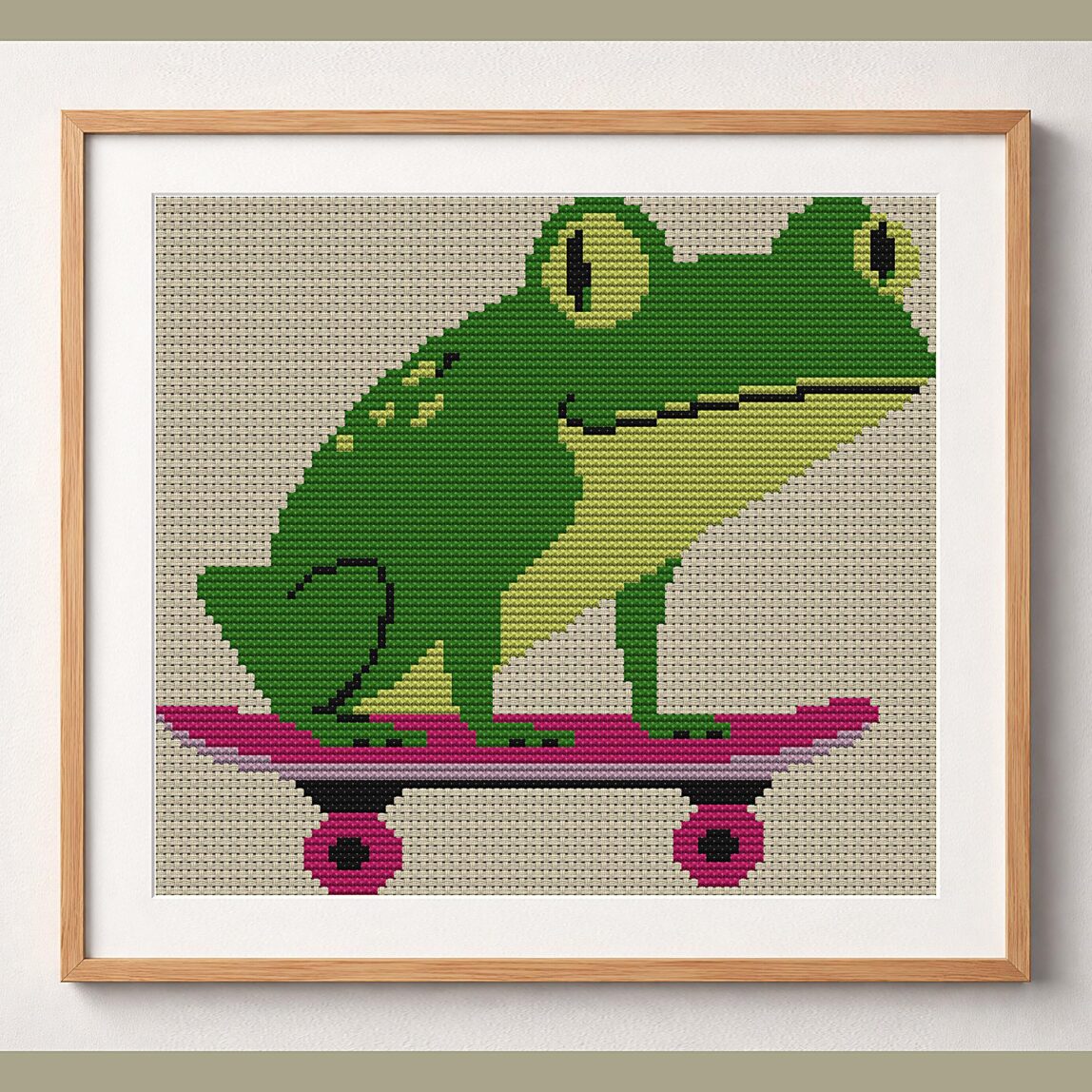 skate-or-die framed cross stitch mockup, realistic finished embroidery design, PDF pattern digital download