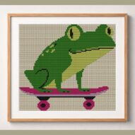 skate-or-die framed cross stitch mockup, realistic finished embroidery design, PDF pattern digital download