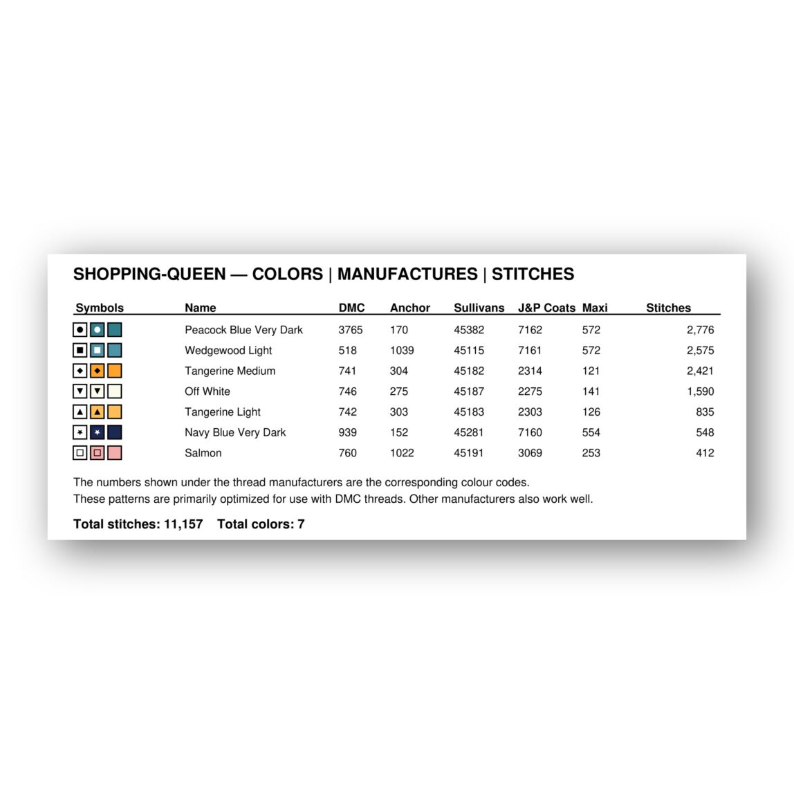 shopping-queen thread color chart with DMC, Anchor, Sullivans, J&P Coats and Maxi color references