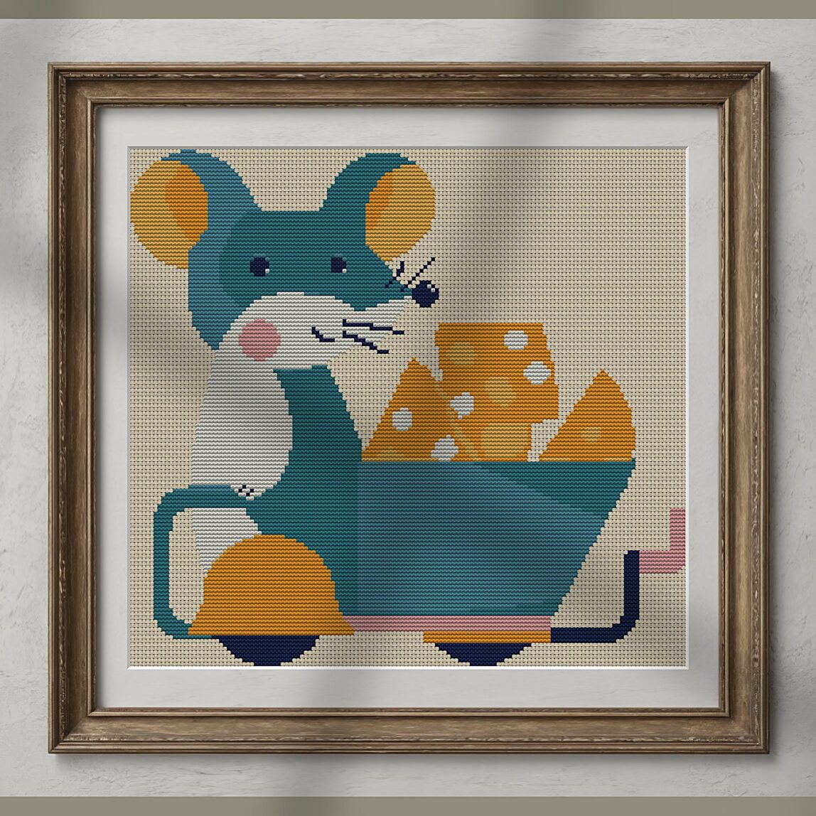 shopping-queen alternative framed cross stitch mockup, realistic finished embroidery presentation