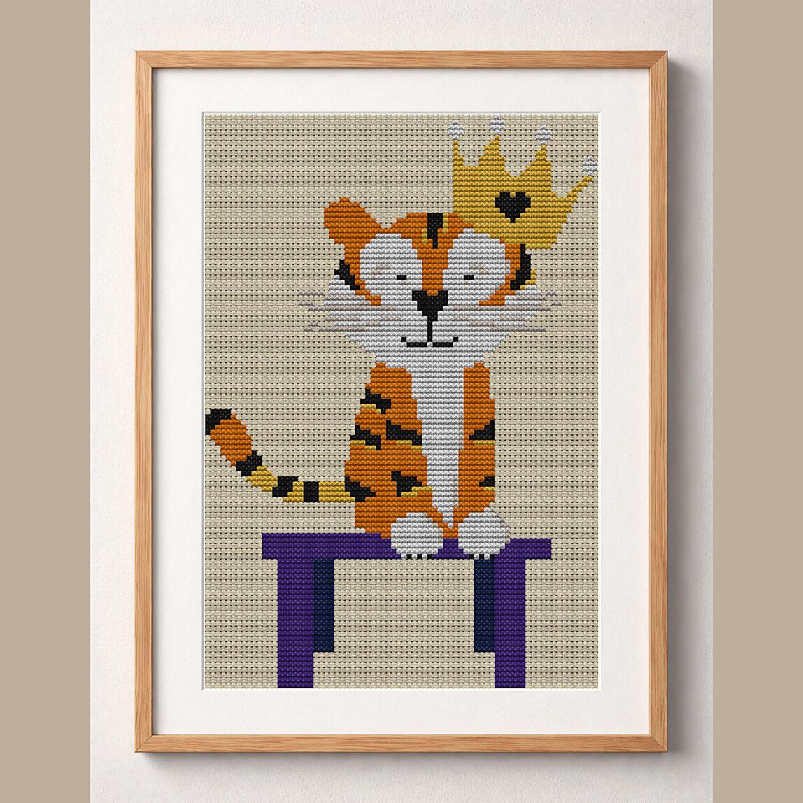 throne-of-stripes framed cross stitch mockup, realistic finished embroidery design, PDF pattern digital download