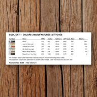 cool-cat thread color chart with DMC, Anchor, Sullivans, J&P Coats and Maxi color references