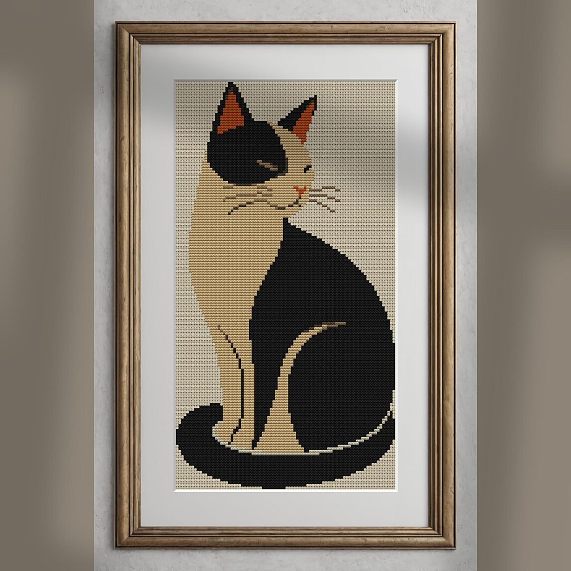 cool-cat alternative framed cross stitch mockup, realistic finished embroidery presentation