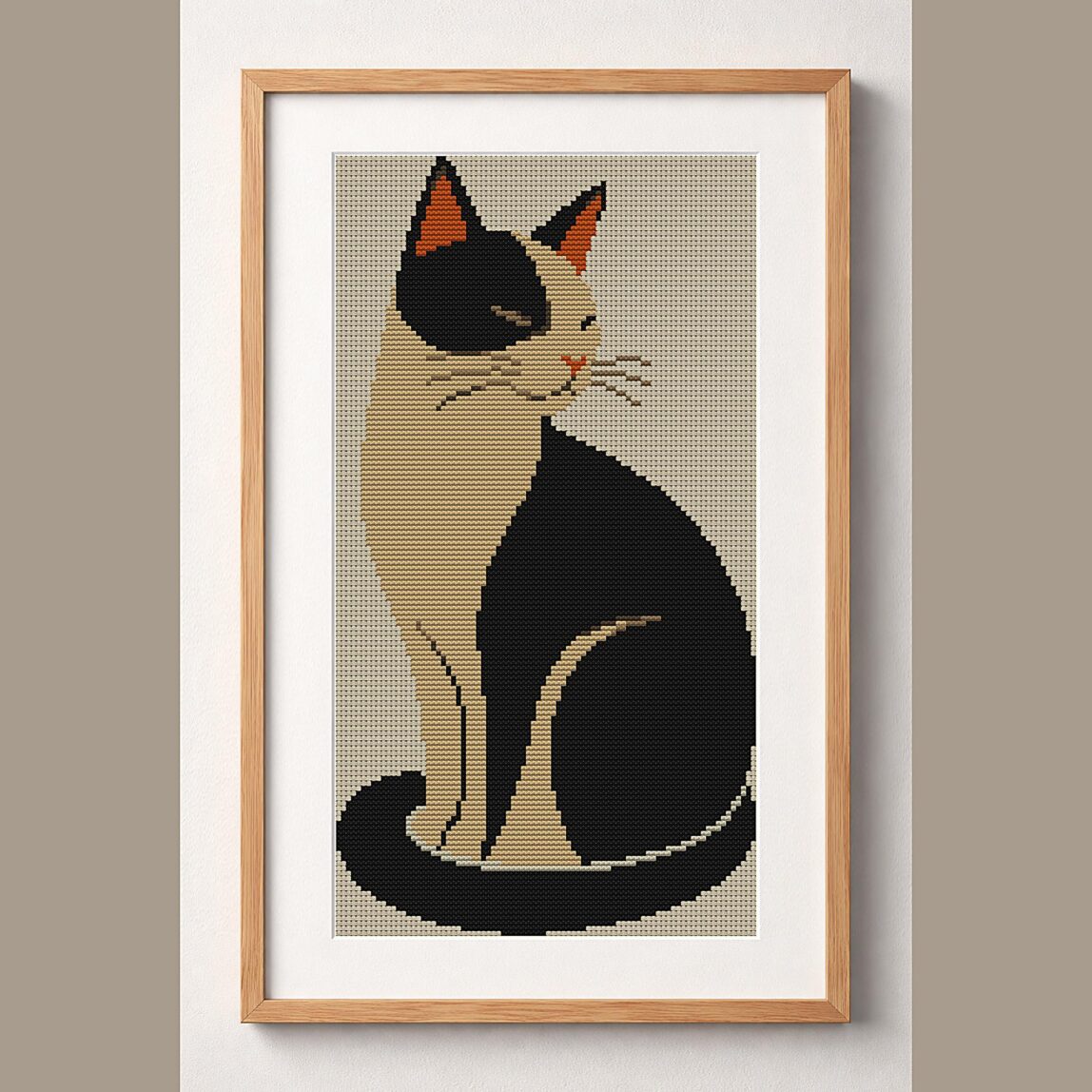 cool-cat framed cross stitch mockup, realistic finished embroidery design, PDF pattern digital download