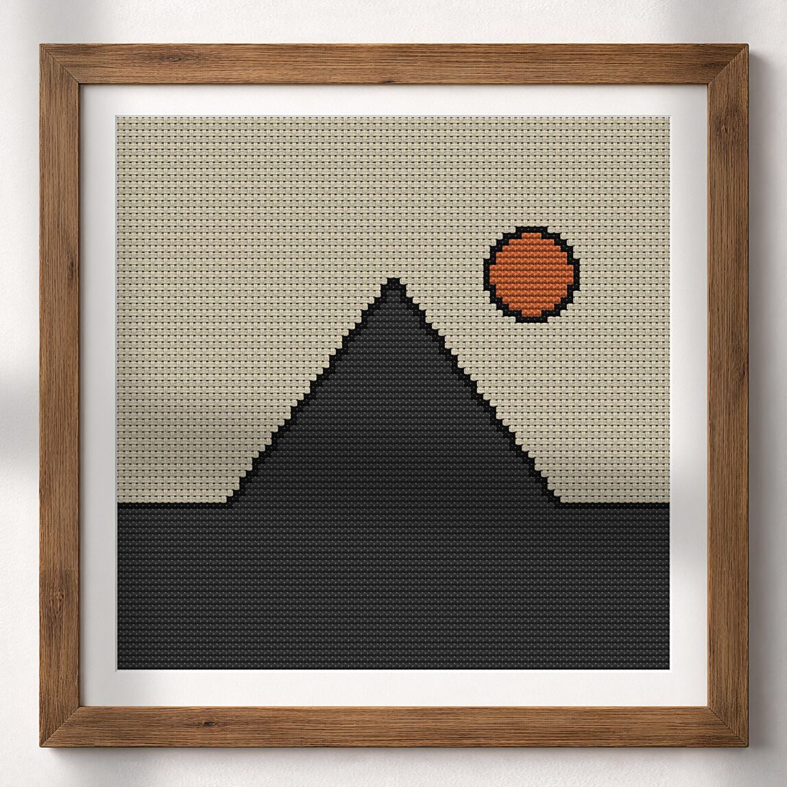 minimalist-pyramid alternative framed cross stitch mockup, realistic finished embroidery presentation