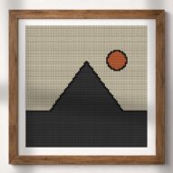 minimalist-pyramid alternative framed cross stitch mockup, realistic finished embroidery presentation