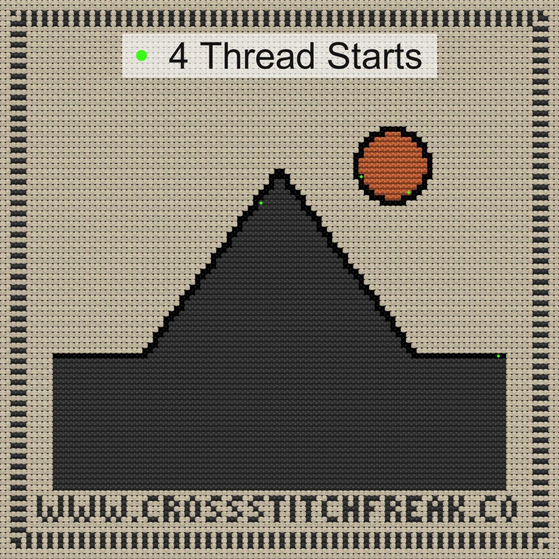 minimalist-pyramid cross stitch start point map with highlighted thread start positions in the full design