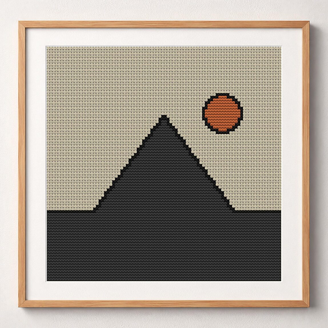 minimalist-pyramid framed cross stitch mockup, realistic finished embroidery design, PDF pattern digital download
