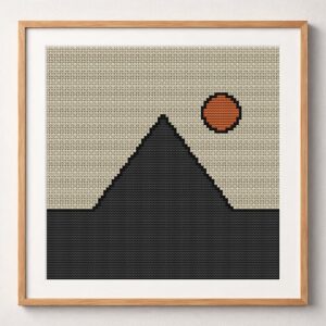 minimalist-pyramid framed cross stitch mockup, realistic finished embroidery design, PDF pattern digital download