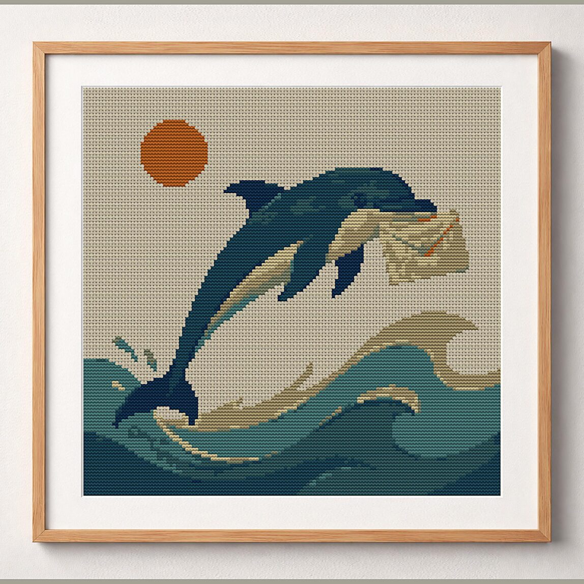 postfish framed cross stitch mockup, realistic finished embroidery design, PDF pattern digital download