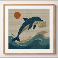 postfish framed cross stitch mockup, realistic finished embroidery design, PDF pattern digital download