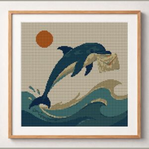 postfish framed cross stitch mockup, realistic finished embroidery design, PDF pattern digital download