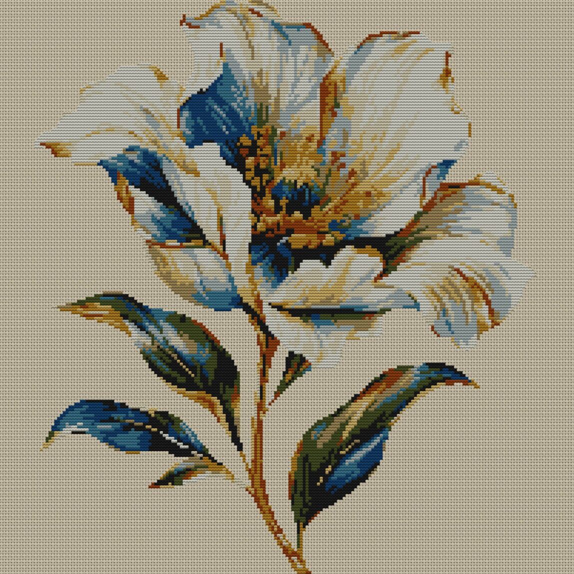 white-flower full cross stitch design mockup without frame, realistic embroidery preview