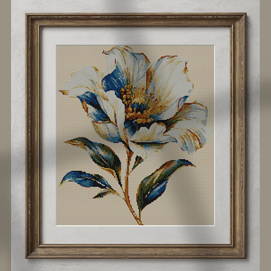 white-flower alternative framed cross stitch mockup, realistic finished embroidery presentation