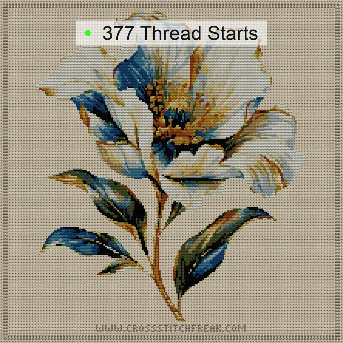 white-flower cross stitch start point map with highlighted thread start positions in the full design