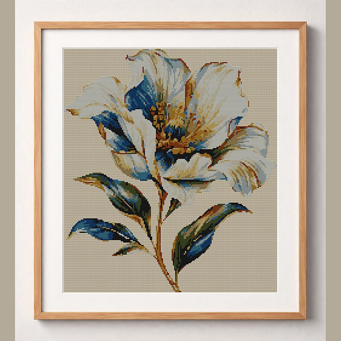 white-flower framed cross stitch mockup, realistic finished embroidery design, PDF pattern digital download