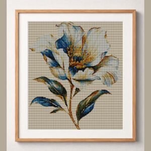 white-flower framed cross stitch mockup, realistic finished embroidery design, PDF pattern digital download