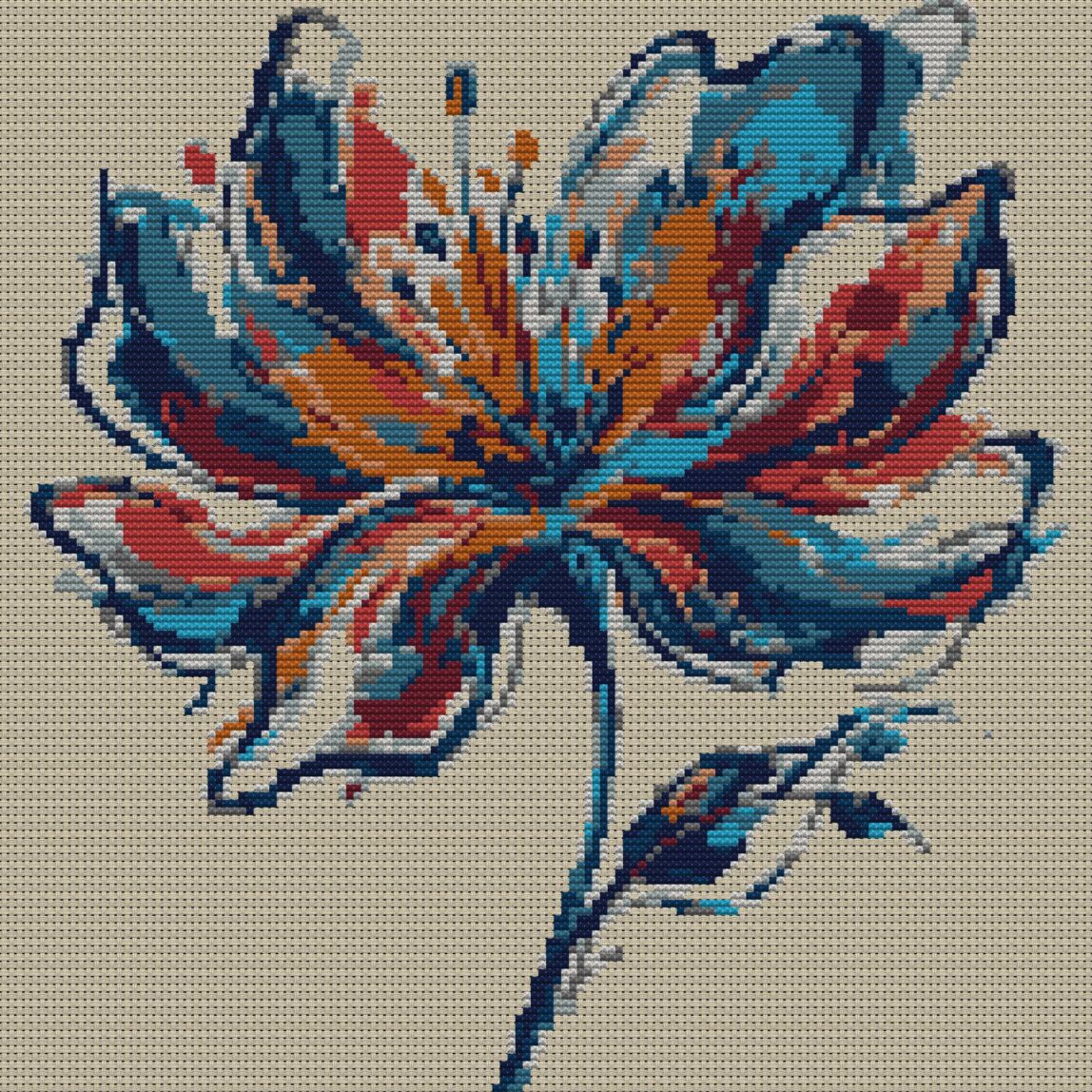 modern-flower full cross stitch design mockup without frame, realistic embroidery preview
