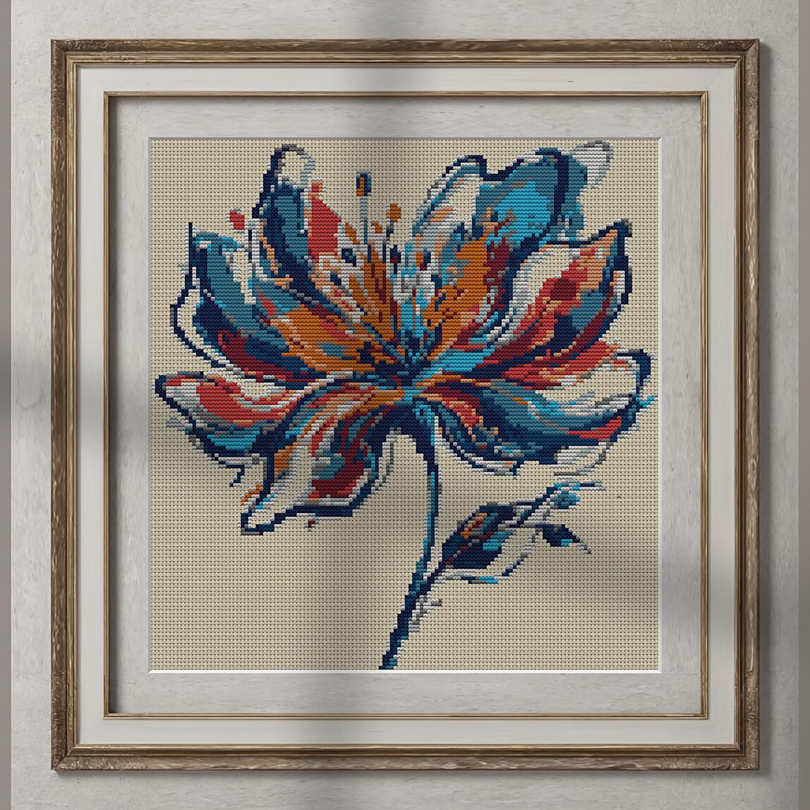 modern-flower alternative framed cross stitch mockup, realistic finished embroidery presentation
