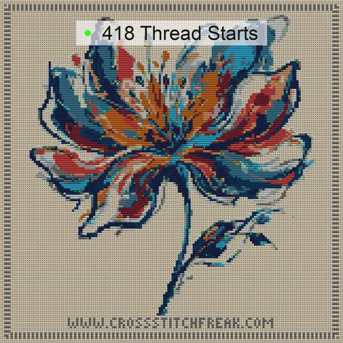 modern-flower cross stitch start point map with highlighted thread start positions in the full design
