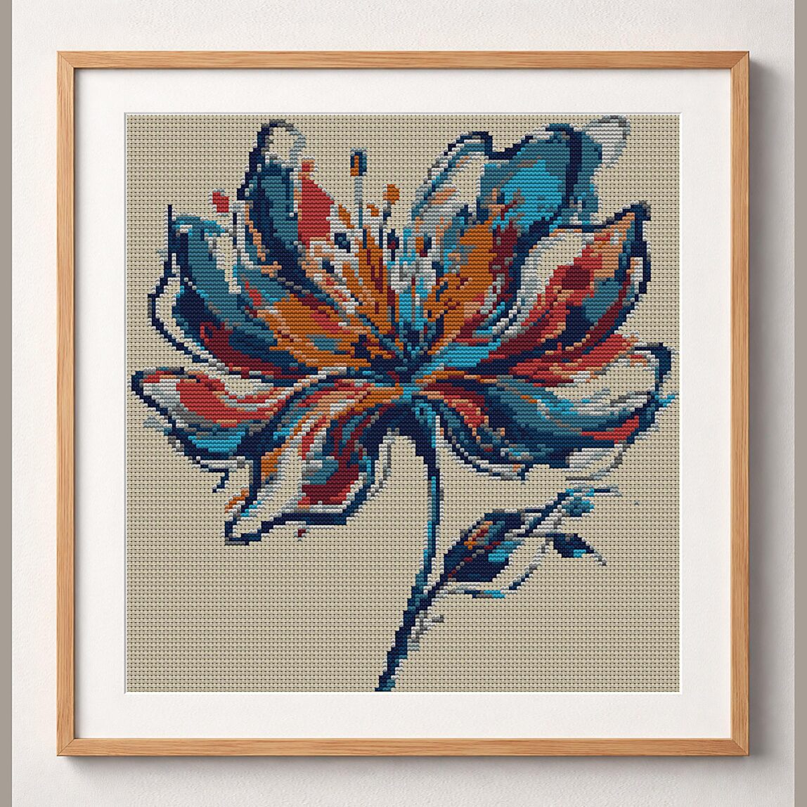 modern-flower framed cross stitch mockup, realistic finished embroidery design, PDF pattern digital download