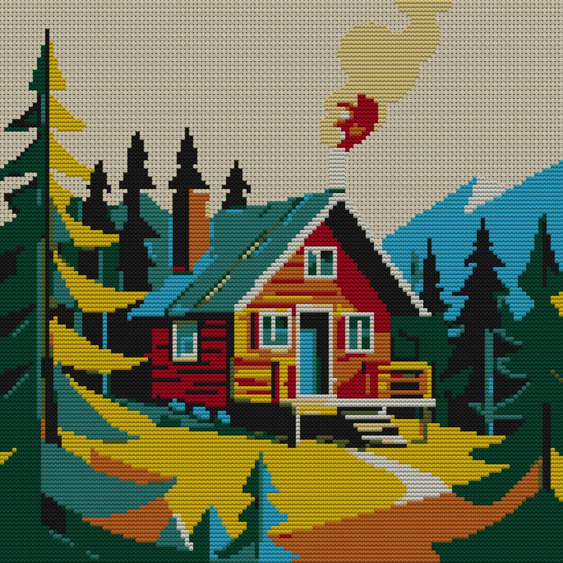 tiny-cabin full design mockup without frame tiny-cabin full cross stitch design mockup without frame, realistic embroidery preview
