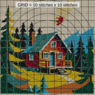 tiny-cabin close-up cross stitch detail showing color changes, confetti areas and stitch texture
