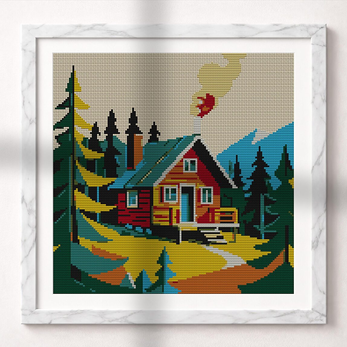 tiny-cabin alternative framed mockup tiny-cabin alternative framed cross stitch mockup, realistic finished embroidery presentation