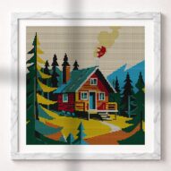 tiny-cabin alternative framed cross stitch mockup, realistic finished embroidery presentation