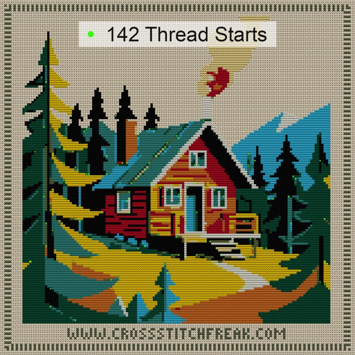 tiny-cabin thread start point map tiny-cabin cross stitch start point map with highlighted thread start positions in the full design
