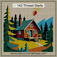 tiny-cabin cross stitch start point map with highlighted thread start positions in the full design