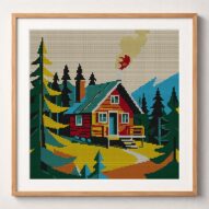 tiny-cabin framed cross stitch mockup, realistic finished embroidery design, PDF pattern digital download