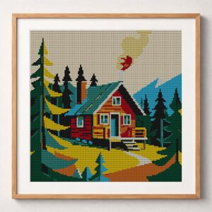 tiny-cabin framed cross stitch mockup, realistic finished embroidery design, PDF pattern digital download
