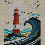 lighthouse full cross stitch design mockup without frame, realistic embroidery preview