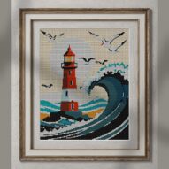 lighthouse alternative framed cross stitch mockup, realistic finished embroidery presentation