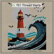 lighthouse cross stitch start point map with highlighted thread start positions in the full design
