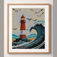 lighthouse framed cross stitch mockup, realistic finished embroidery design, PDF pattern digital download
