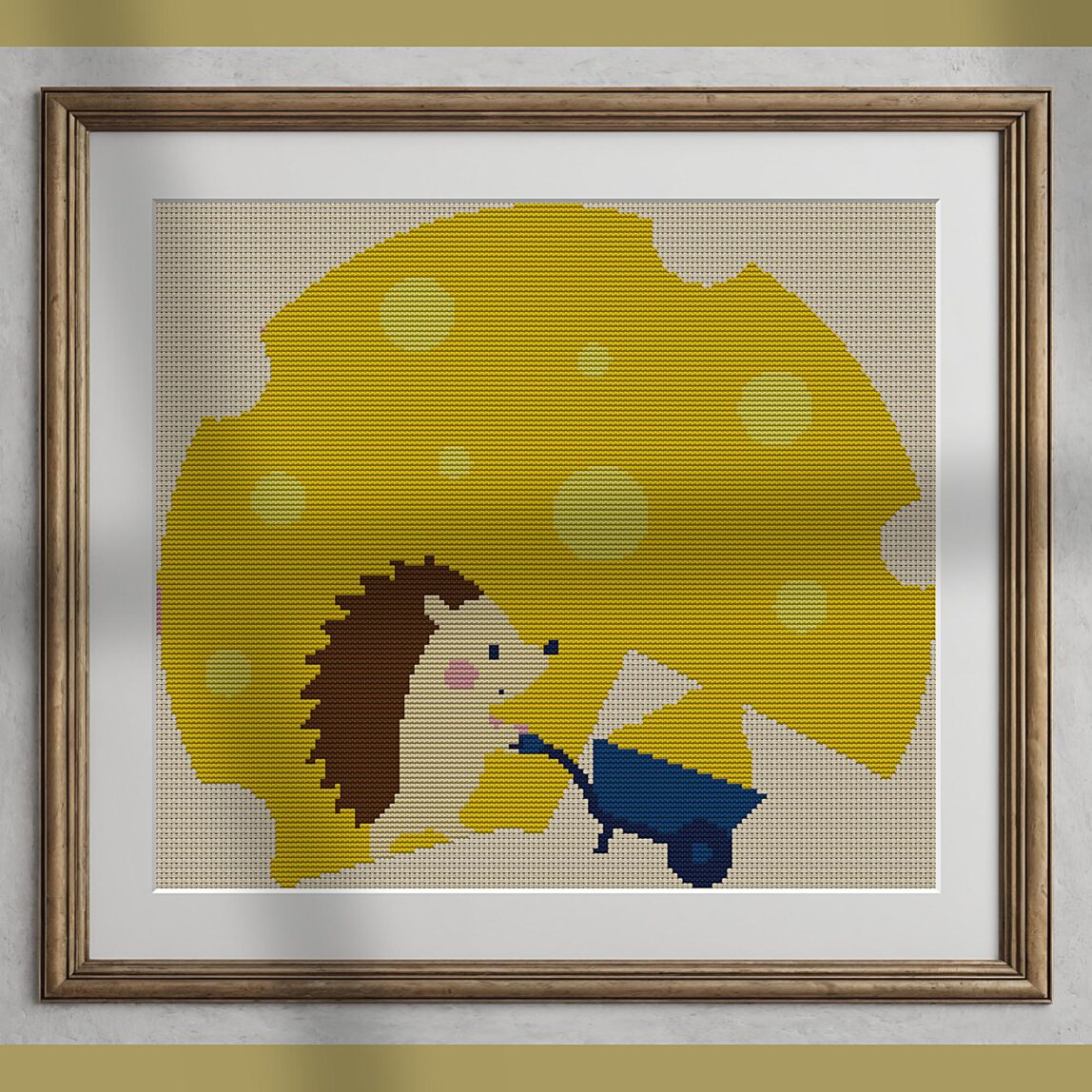 hedgehog-carving-the-chee alternative framed cross stitch mockup, realistic finished embroidery presentation