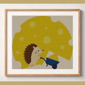 hedgehog-carving-the-chee framed cross stitch mockup, realistic finished embroidery design, PDF pattern digital download