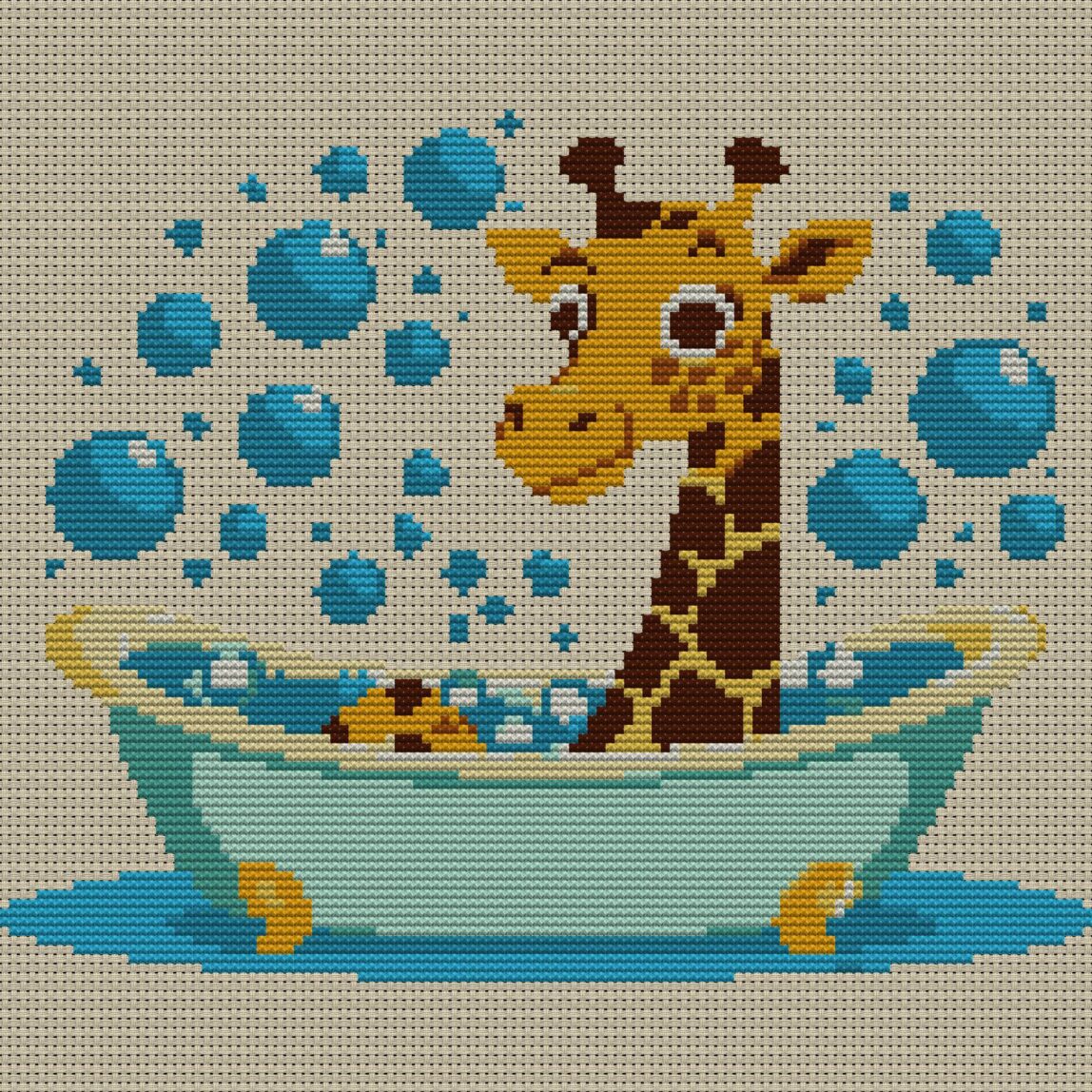 giraffe-in-bathtub full cross stitch design mockup without frame, realistic embroidery preview