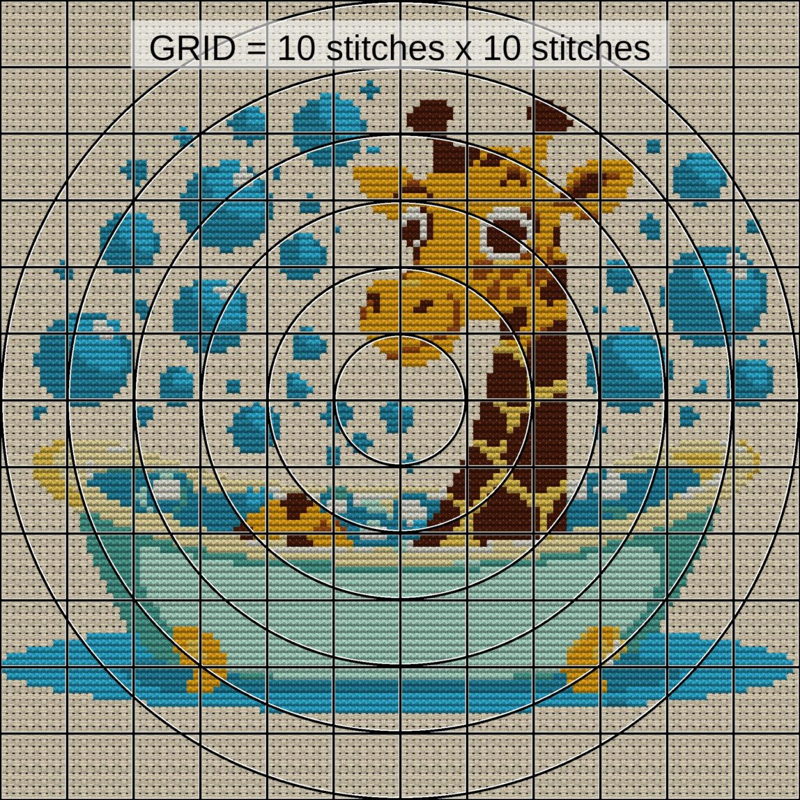 giraffe-in-bathtub close-up cross stitch detail showing color changes, confetti areas and stitch texture