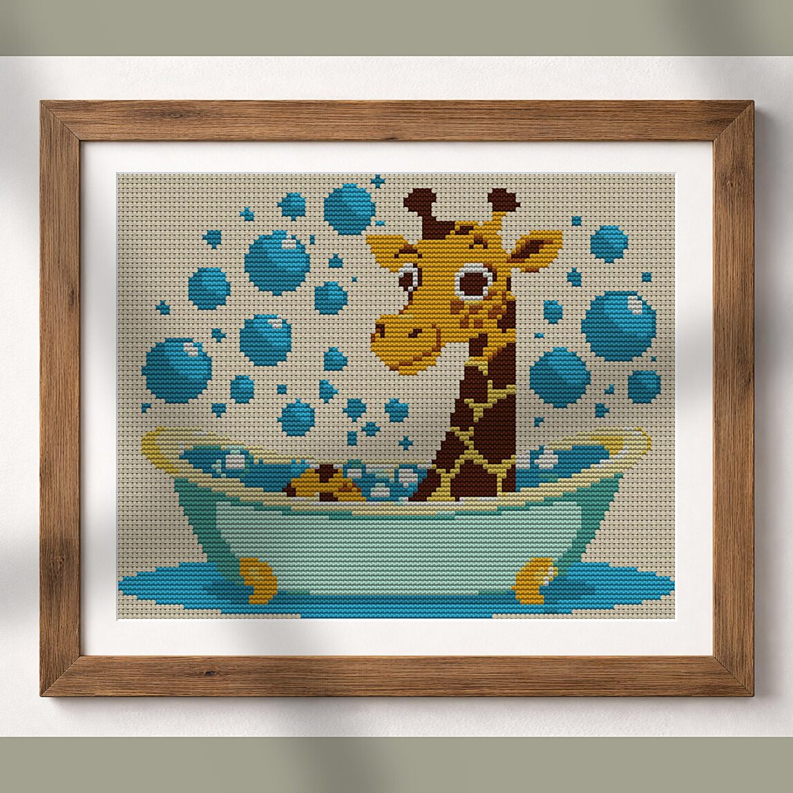 giraffe-in-bathtub alternative framed cross stitch mockup, realistic finished embroidery presentation