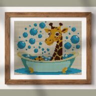 giraffe-in-bathtub alternative framed cross stitch mockup, realistic finished embroidery presentation
