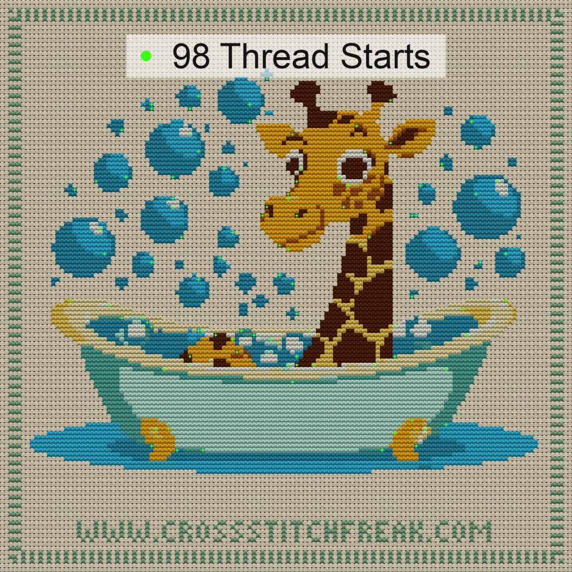 giraffe-in-bathtub cross stitch start point map with highlighted thread start positions in the full design